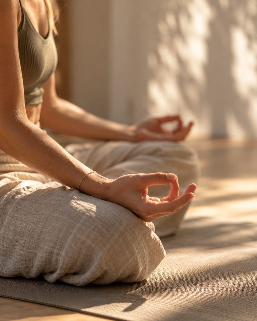 Jana v meditaci — ruce v mudře, klidné světlo ve studiu.