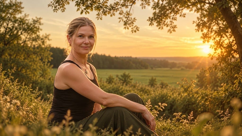 Jana Žáková sedí v trávě na louce při západu slunce.
