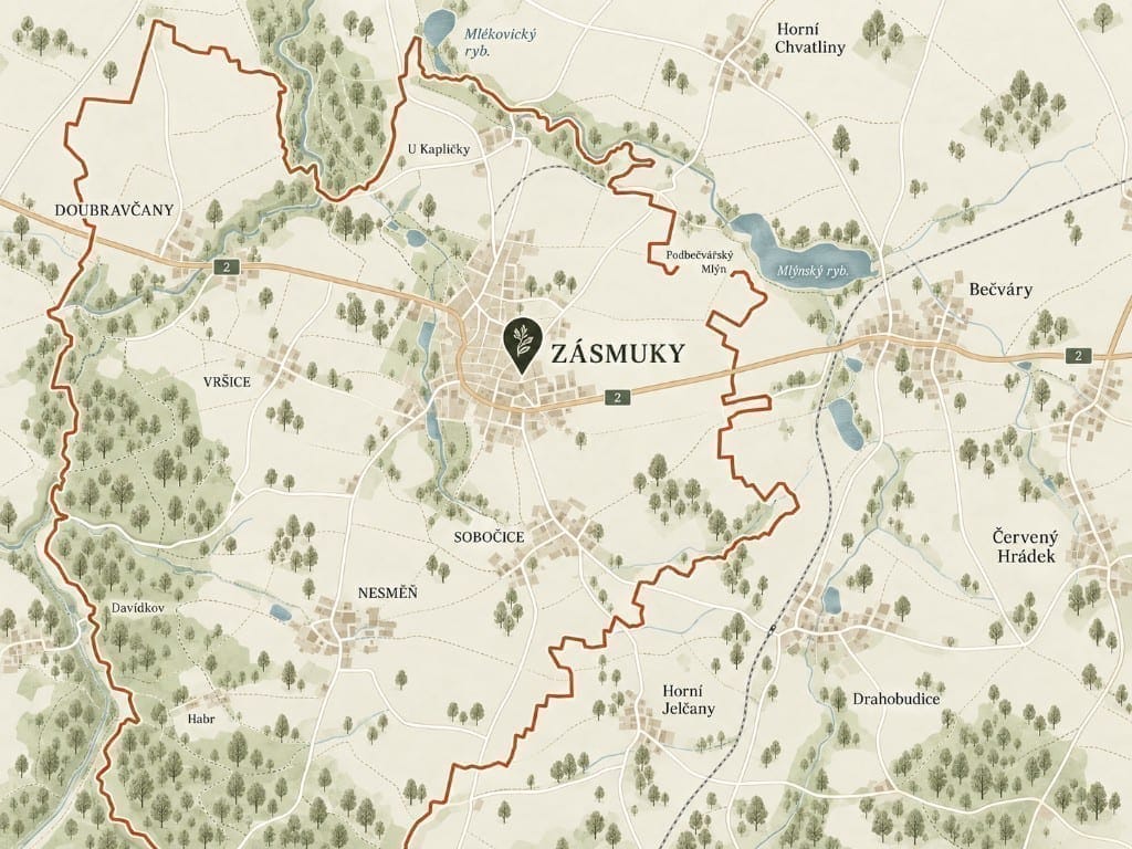 Ilustrovaná mapa okolí Zásmuk se zvýrazněnou lokalitou studia.